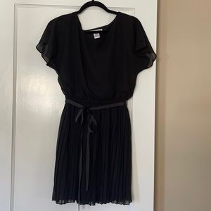 Pleated Black Dress with Ribbon Belt